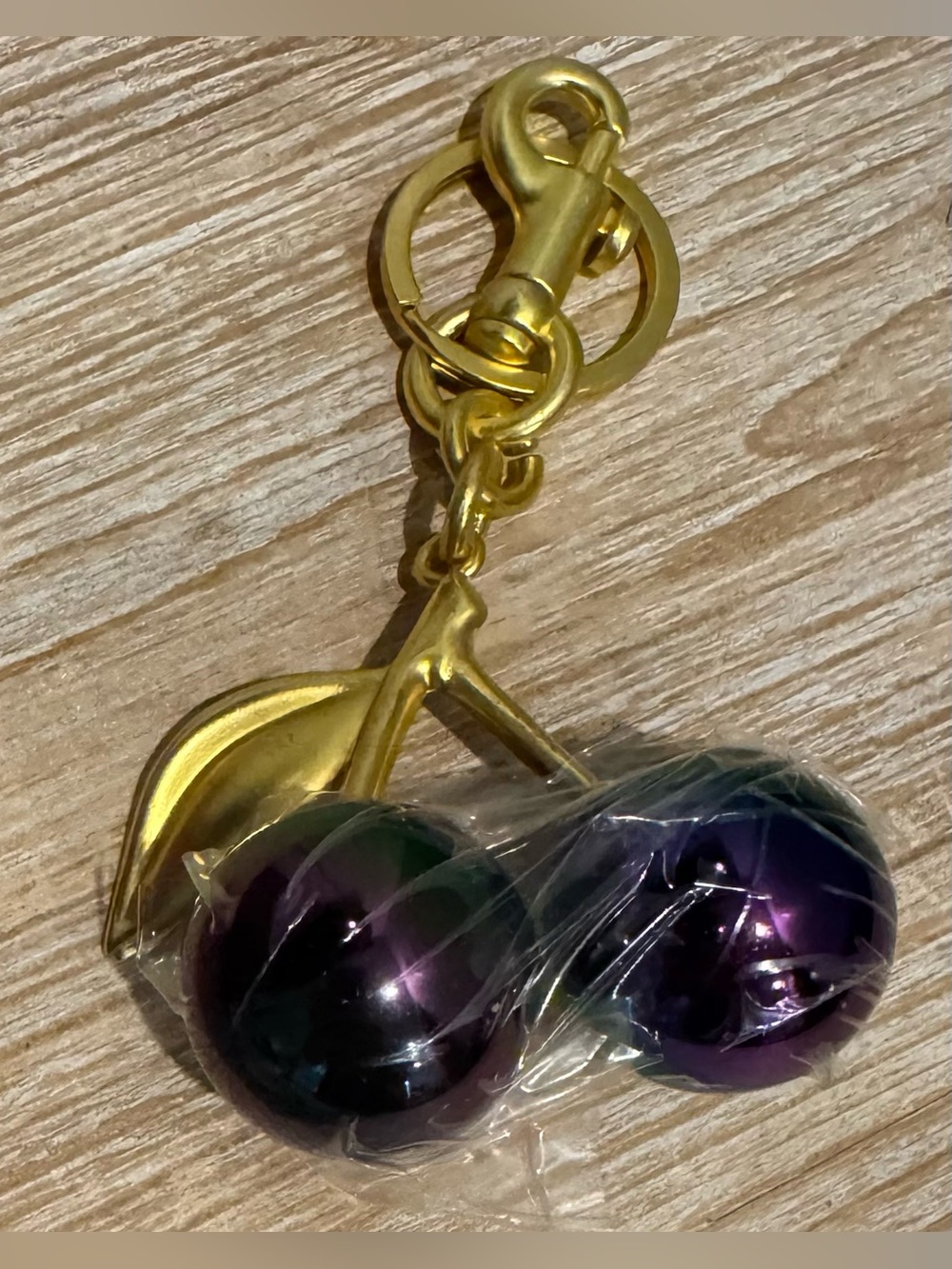 Iridescent Green-Purple Cherry Gold-Tone Keychain or Bag Charm - Picture 2 of 3